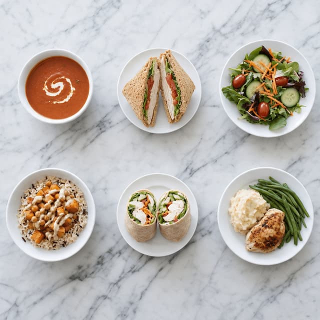 Grid of six individual menu tile dishes evenly spaced overhead including soup, sandwich, salad, bowl, wrap and entree