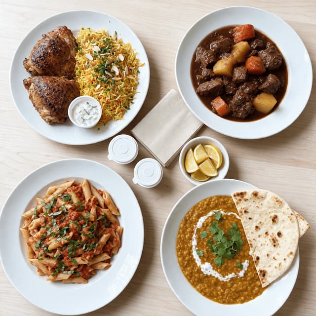 Spread of four cultural and dietary meals including halal chicken and rice, braised beef, a vegan lentil dish and gluten-free pasta