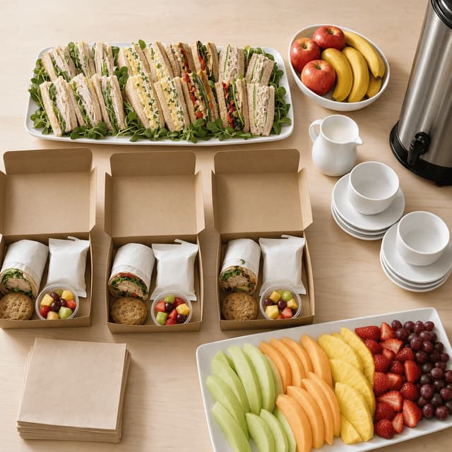 On-site catering spread of open boxed lunches, a sandwich platter, fruit platter and coffee service on a meeting table