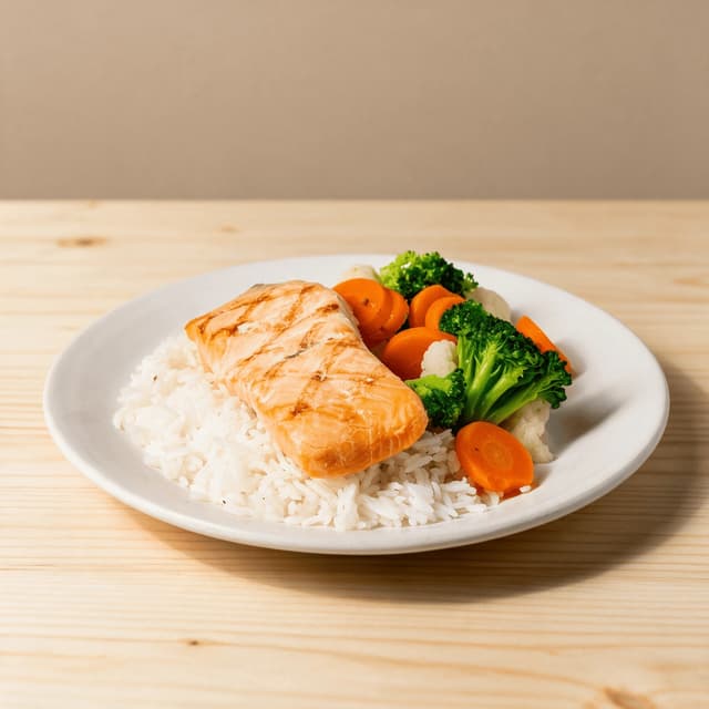 Single grilled salmon fillet with steamed carrots, broccoli and cauliflower over rice on a plain white institutional plate