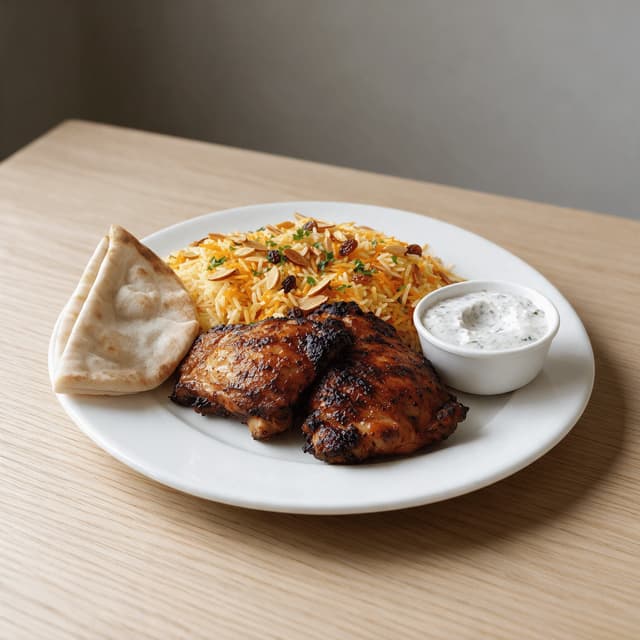 One halal chicken and saffron rice portion with cucumber yoghurt on a plain white plate