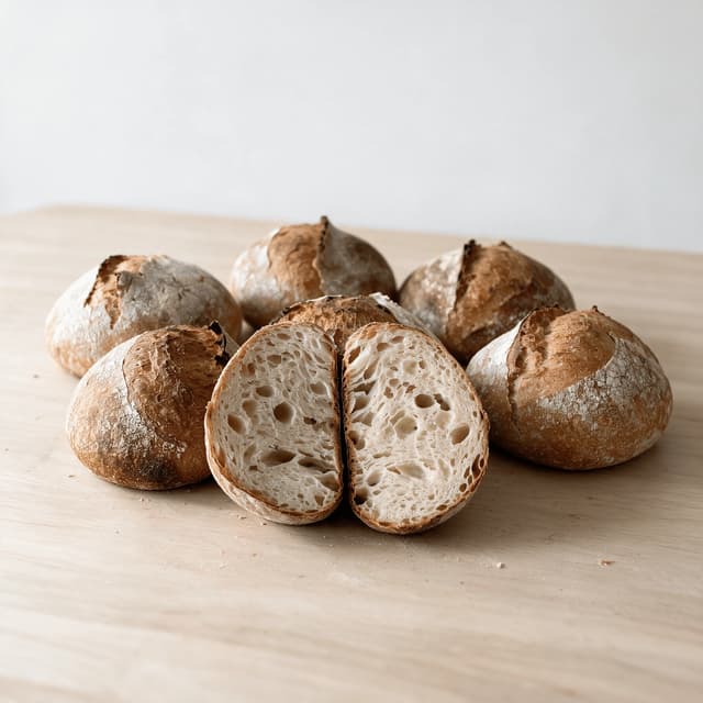 Spread of several sourdough loaves with one cut open showing an airy open crumb on a floured wood counter