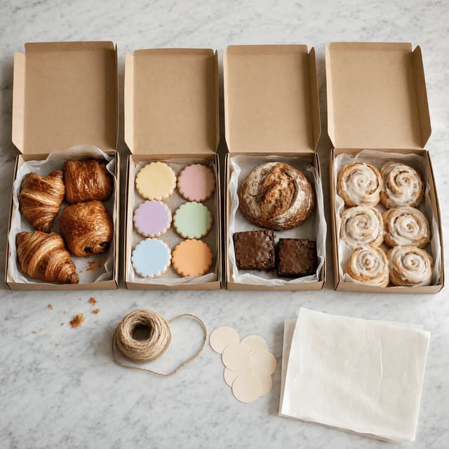 Four open kraft pre-order boxes filled with assorted home-baked pastries cookies and small loaves in a row