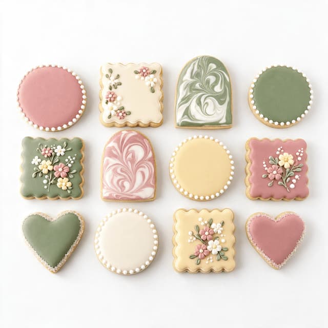 Grid of royal-iced sugar cookies in soft pastel colours with piped detail arranged on a white surface