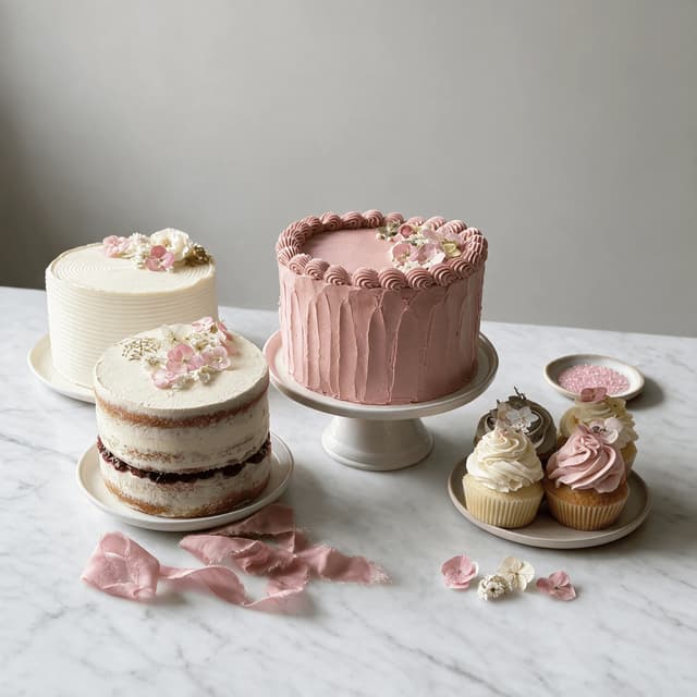 Group of home-decorated celebration cakes and cupcakes with buttercream finishes on a pale marble counter