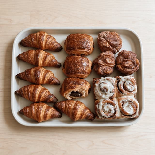 Overhead tray of croissants pains au chocolat morning buns and cinnamon rolls fresh from a home oven