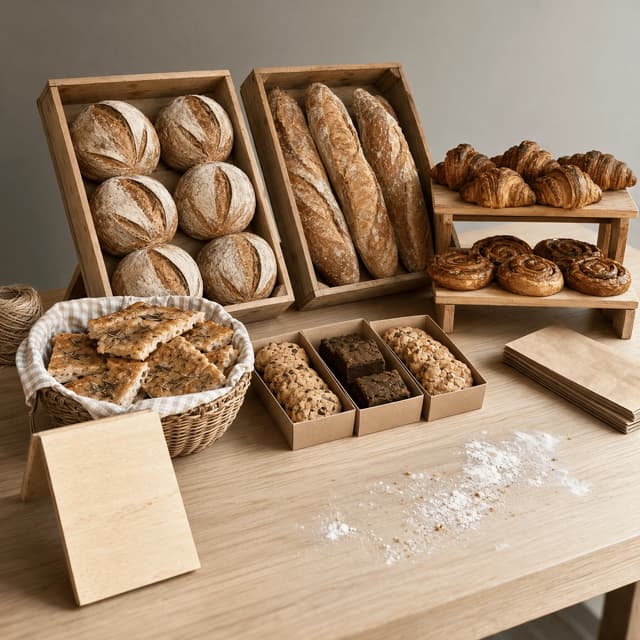 Market stall table with baskets of sourdough loaves crates of focaccia and boxed bakes ready for opening