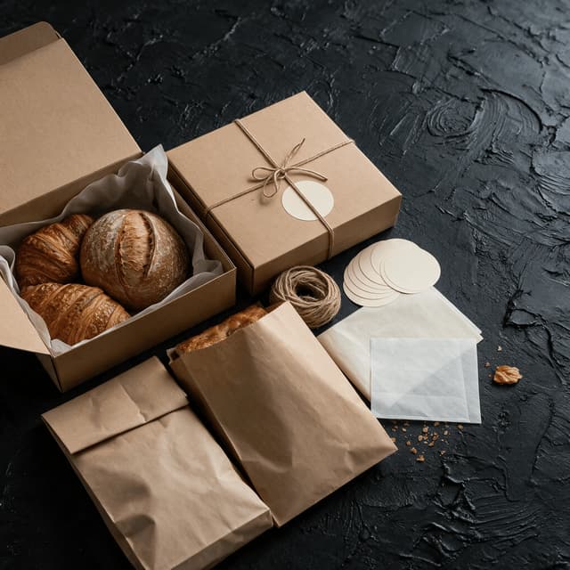 Angled overhead arrangement of kraft bakery boxes paper bags twine and blank labels with pastries part packed