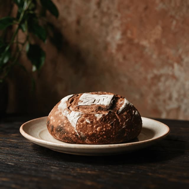Round sourdough loaf with a raised scored ear and blistered dark crust on a worn oak board