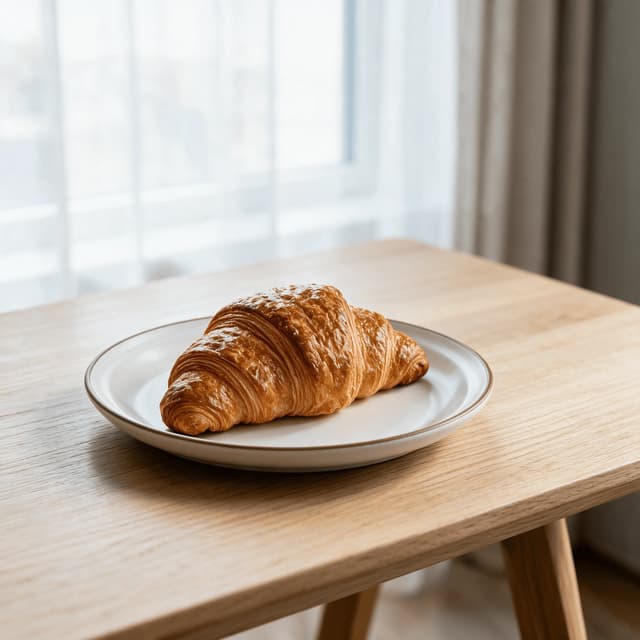 Single flaky butter croissant with visible lamination ridges resting on pale marble in soft window light