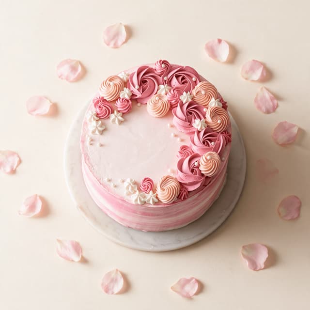 Single-tier buttercream celebration cake with swirled sides and soft pastel finish on a simple pale stand
