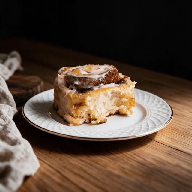 Single glazed cinnamon roll with soft spiral layers and cream cheese icing melting down the sides