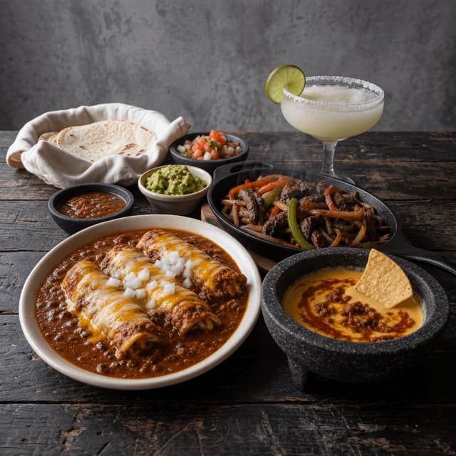Tex-Mex-anretning med enchiladas, fajitas, skillet, queso og margarita, mørk artisan, Houston — Tex-Mex-kort-fotografering