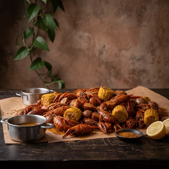 Viet-Cajun-crawfish-boil-anretning med hvidløgssmør-skåle, majs og kartofler, mørk rustik, Houston — crawfish-kort-fotografering