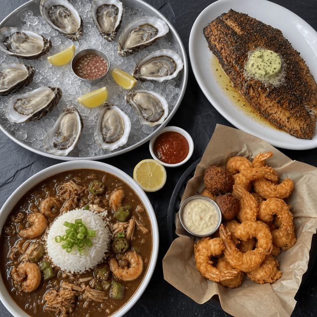 Gulf Coast-skaldyr med østers, blackened redfish, gumbo og friterede rejer på mørk skifer set oppefra, Houston — Gulf-skaldyrs-kort-fotografering