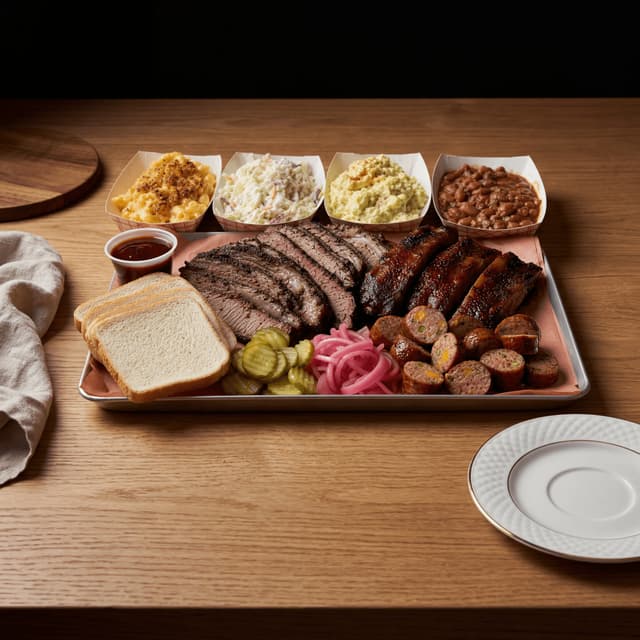 Houston BBQ-bræt med brisket, ribs, jalapeño-pølse og tilbehør, hyggeligt mørkt træ — BBQ-kort-fotografering