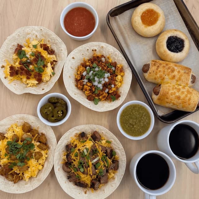 Breakfast tacos, kolaches, salsa og kaffe set oppefra på lyst træ, Houston — morgenmads-kort-fotografering