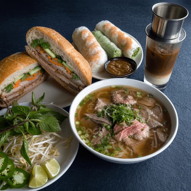Pho, banh mi, forårsruller og vietnamesisk iskaffe på mørk skifer med drama, Houston — vietnamesisk kort-fotografering