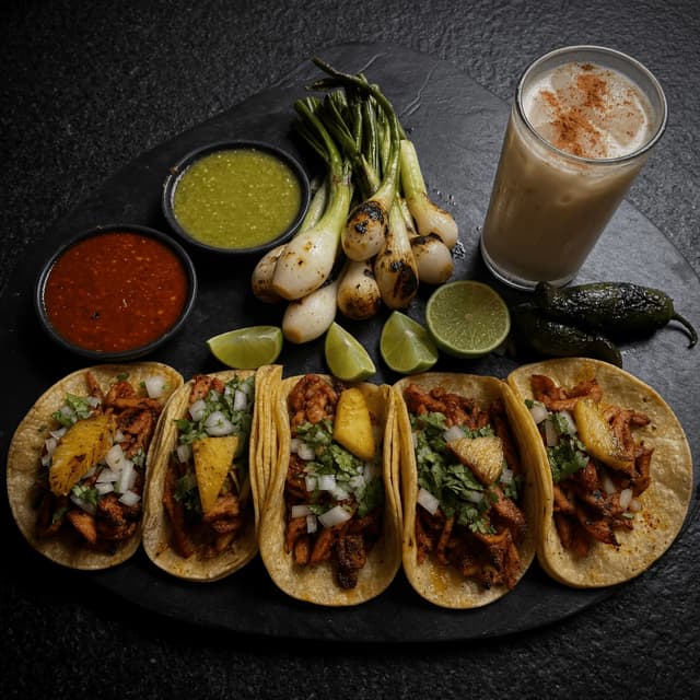 Al pastor-tacos med ananas, salsaer, grillede løg og horchata, mørk luksus, Houston taco-truck — al pastor-kort-fotografering
