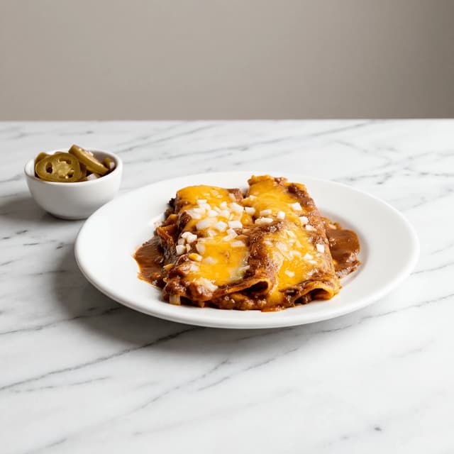 Tex-Mex-ost-enchiladas med chili-sovs, smeltet ost, ris og refried beans på tallerken, Houston — enchiladas-hero-fotografering