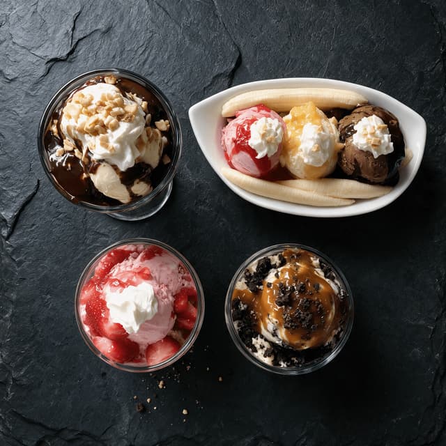 Bốn món kem tráng miệng đầy ắp gồm một banana split và hai ly sundae bày cạnh nhau, chụp thẳng từ trên xuống trên nền đá phiến sẫm