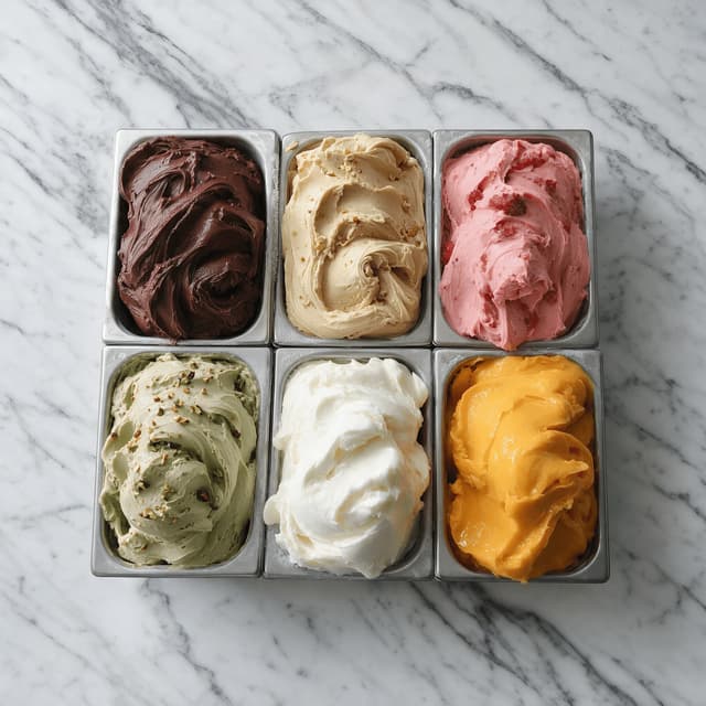 Sáu khay gelato bằng thép không gỉ đầy ụ các vị gelato nhiều màu xếp thành lưới, chụp từ trên xuống trên nền đá cẩm thạch trắng