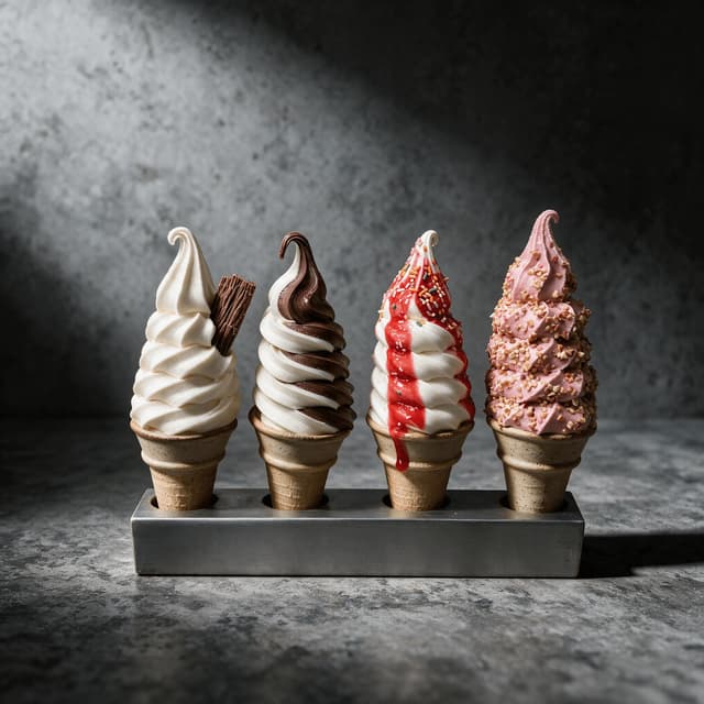 Bốn cây kem tươi với các loại topping khác nhau dựng cạnh nhau trong giá kim loại trên nền bê tông xám