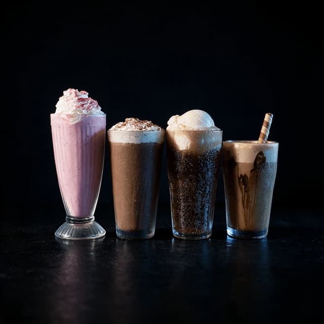 Bốn ly đồ uống tráng miệng cao gồm một ly sữa lắc và một ly soda kem root beer xếp hàng trên quầy sẫm màu, thành ly đọng hơi nước