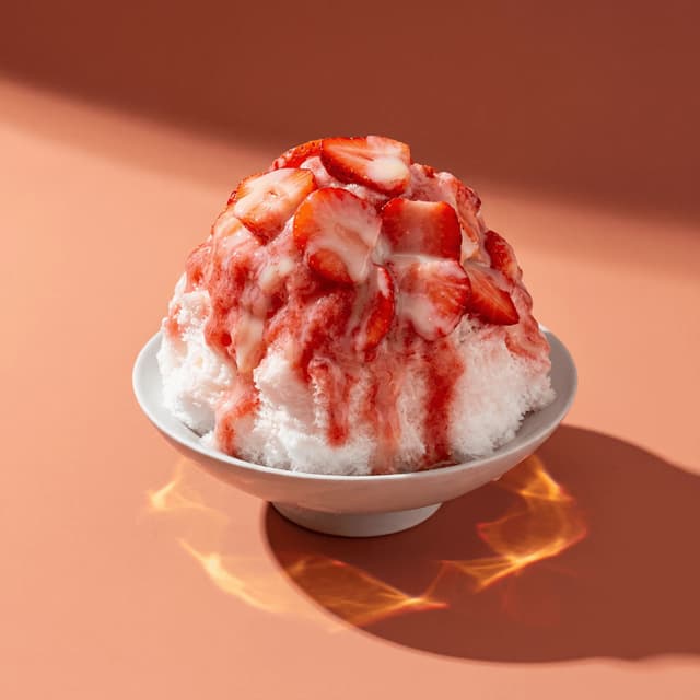 Strawberry kakigori Japanese shaved ice with condensed milk red syrup — hero summer dessert photography
