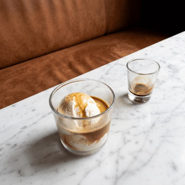 Classic affogato vanilla ice cream espresso pour glass cup — Italian coffee dessert hero photography