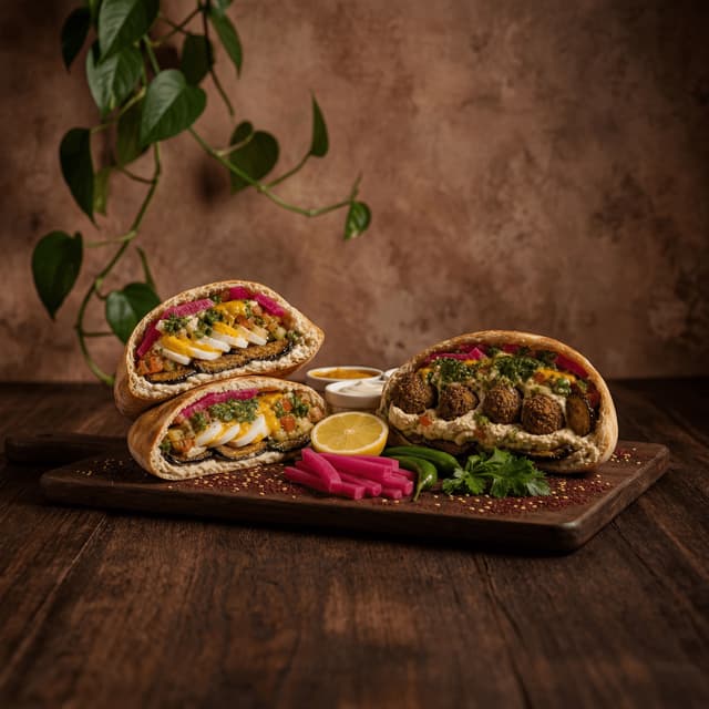 Sabich pita fried eggplant egg amba tahini cross section dramatic rustic Israeli — sabich card photography