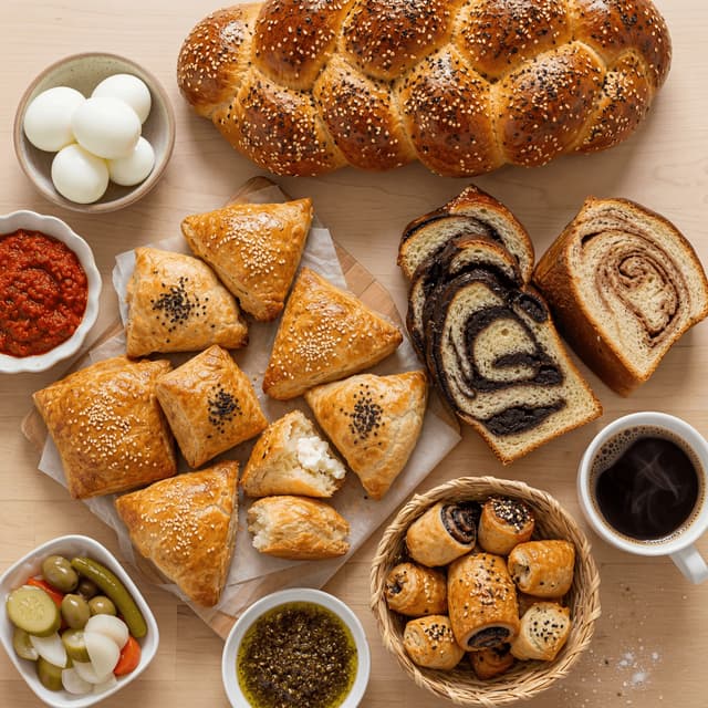 Bourekas challah babka golden pastries bread overhead light wood Israeli bakery — bourekas challah card photography
