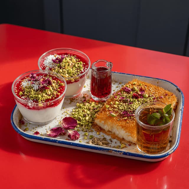 Malabi knafeh Israeli desserts rosewater pistachio red cafe sweets — malabi knafeh card photography