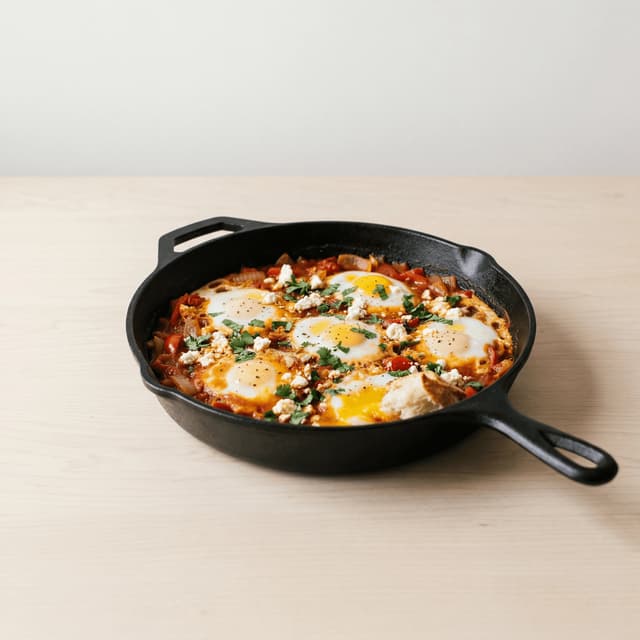 Shakshuka cast iron skillet poached eggs tomato pepper feta parsley — Israeli shakshuka hero photography