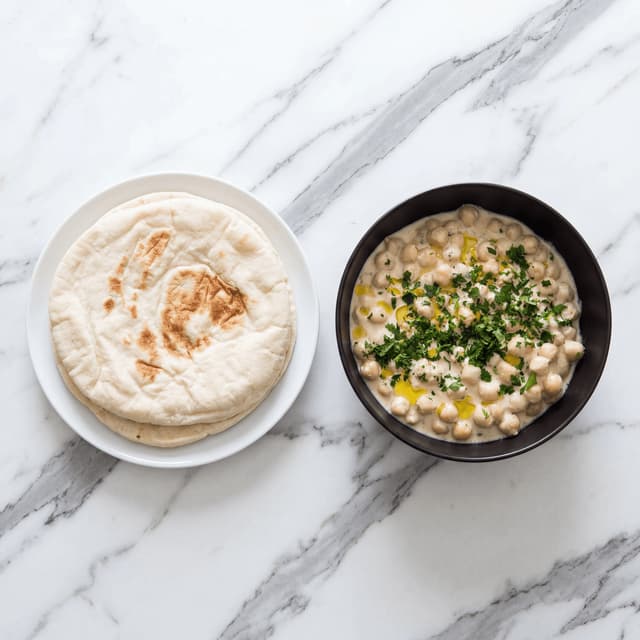 Hummus masabacha whole chickpeas paprika oil overhead marble pita — Israeli hummus hero photography