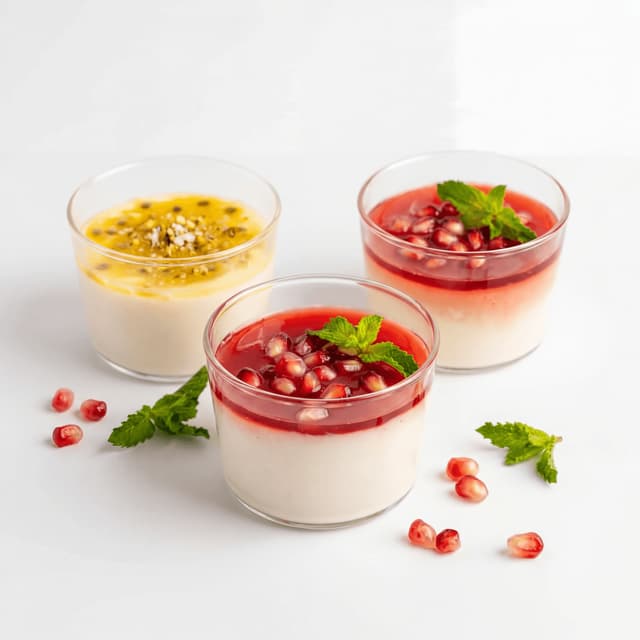 Malabi rosewater milk pudding red syrup pistachio coconut glass — Israeli malabi hero photography