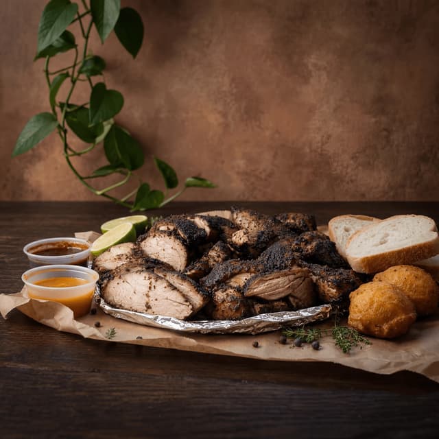 Jerk piletina i svinjetina, mahagoni čar, pimento dim, dramatično, rustikalno, folija — fotografija kartice jerka