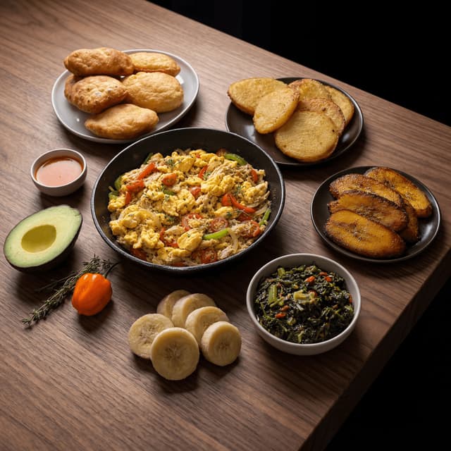 Ackee i saltfish doručak, johnny cakes, kruh breadfruit, tamni orah — fotografija kartice ackeeja