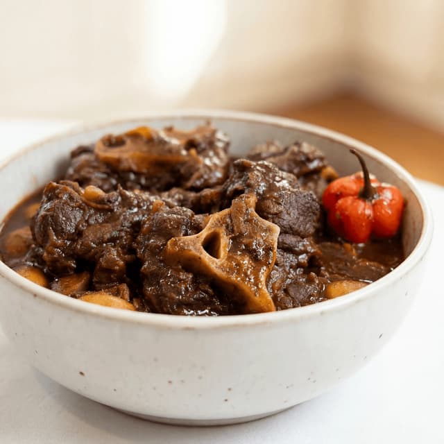Pirjani oxtail, grah mahune, sjaj umaka, riža i grah, jamajčko — hero fotografija oxtaila