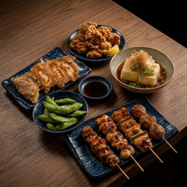 Izakaya small plates yakitori edamame gyoza karaage dark walnut spread — izakaya card photography