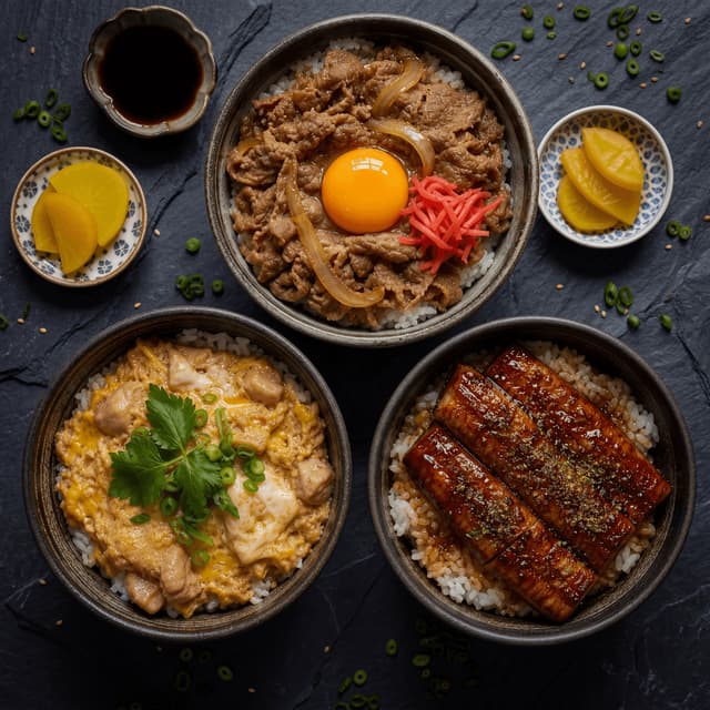 Donburi rice bowls katsudon oyakodon gyudon unadon overhead slate — donburi card photography