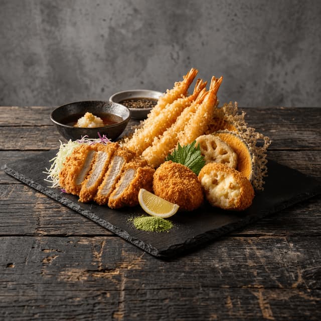 Japanese tempura tonkatsu korokke fried golden dark monolith — tempura card photography