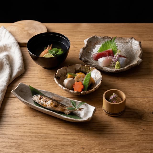 Kaiseki multi course seasonal plating lacquer ceramic negative space cozy dark wood — kaiseki card photography