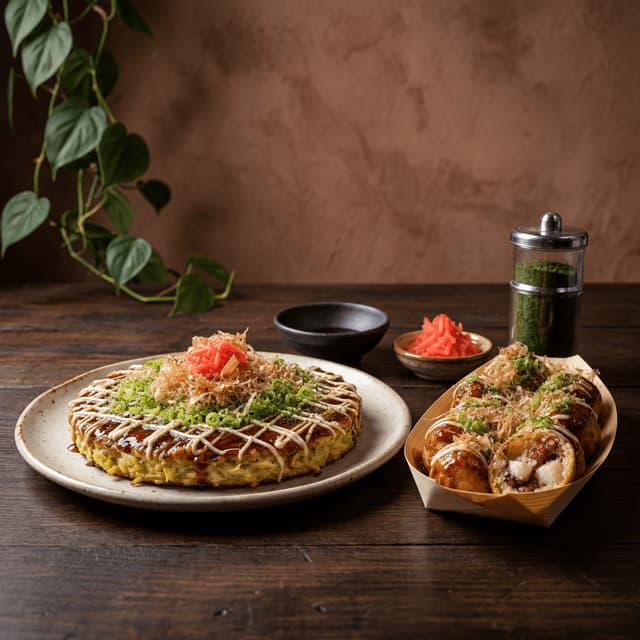 Okonomiyaki takoyaki Osaka bonito mayo aonori dark rustic — okonomiyaki card photography