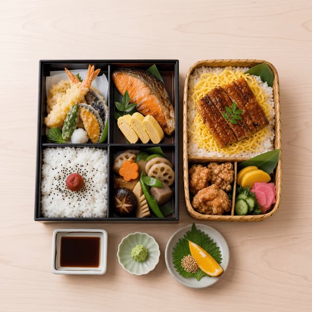 Japanese bento ekiben compartmentalized lacquer box rice tamagoyaki overhead light wood — bento card photography