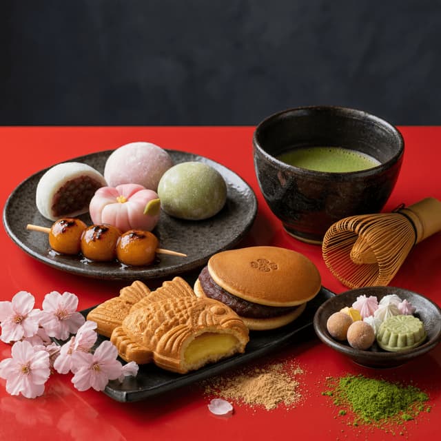 Japanese wagashi mochi dorayaki taiyaki matcha sweets red cafe brunch — wagashi card photography
