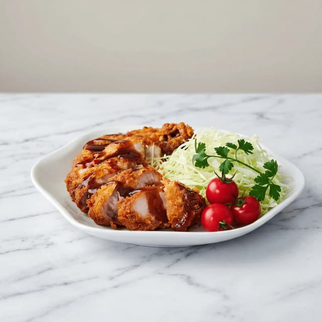 Tonkatsu pork cutlet sliced cross section shredded cabbage rice tonkatsu sauce plate — tonkatsu hero photography