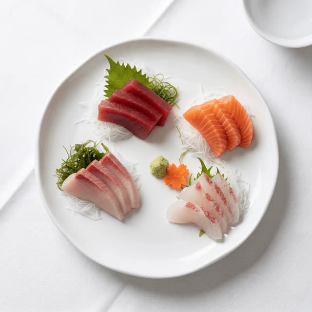 Sashimi moriawase assorted sashimi tuna salmon yellowtail daikon shiso negative space plate — sashimi hero photography