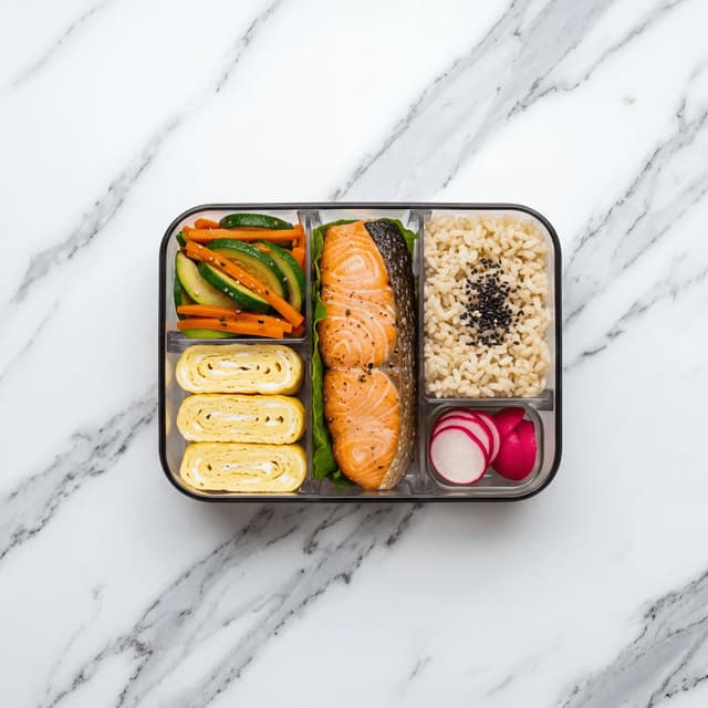 Bento box compartmentalized lacquer rice protein tamagoyaki pickles overhead — bento hero photography
