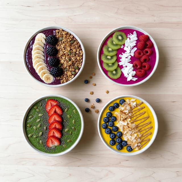 Overhead spread of four acai and smoothie bowls with different topping arrangements on pale wood